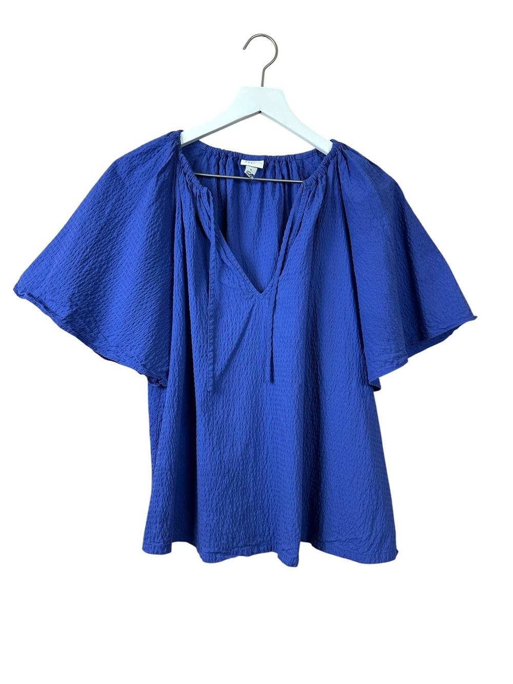 A New Day Flounce Short Sleeve V Neck  Blue Popover Top Women Sz L